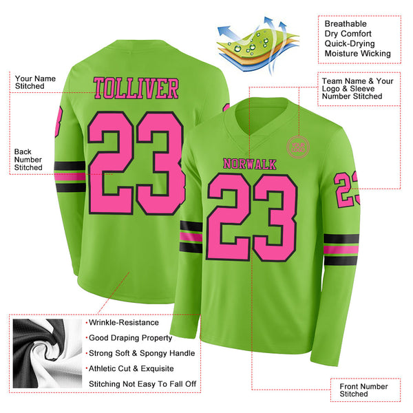 Custom Neon Green Pink-Black Long Sleeve Authentic Football Jersey alternate