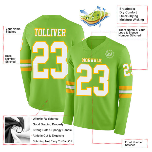 Custom Neon Green White-Gold Long Sleeve Authentic Football Jersey alternate