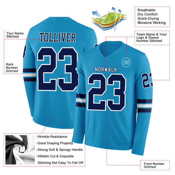 Custom Panther Blue Navy-White Long Sleeve Authentic Football Jersey alternate