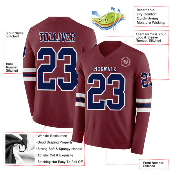 Custom Burgundy Navy-White Long Sleeve Authentic Football Jersey alternate
