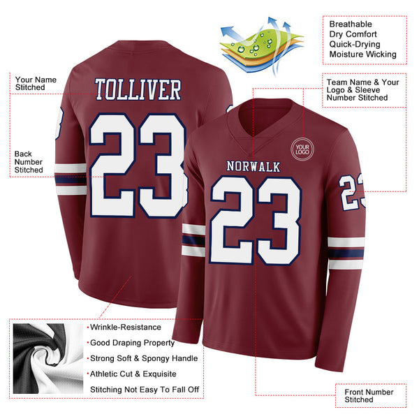 Custom Burgundy White-Navy Long Sleeve Authentic Football Jersey alternate