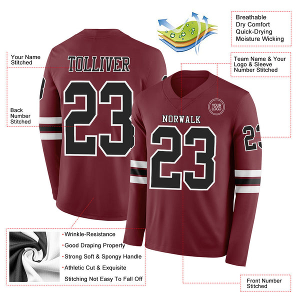 Custom Burgundy Black-White Long Sleeve Authentic Football Jersey alternate