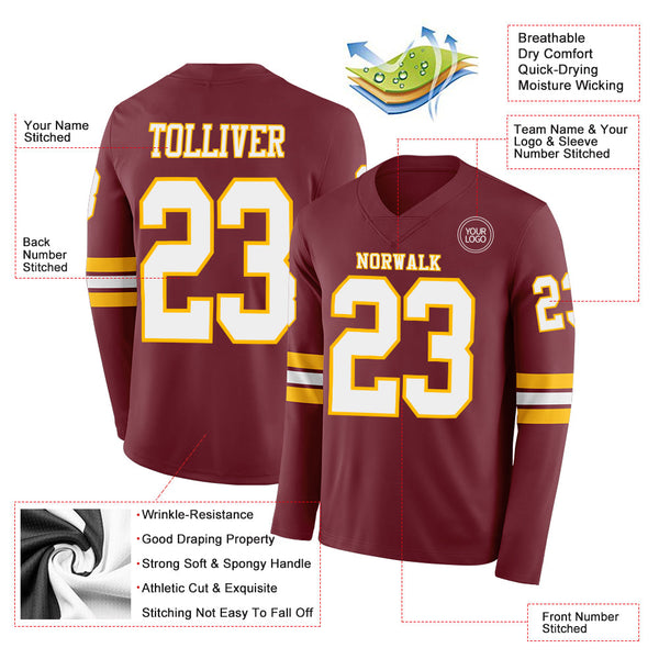 Custom Burgundy White-Gold Long Sleeve Authentic Football Jersey alternate