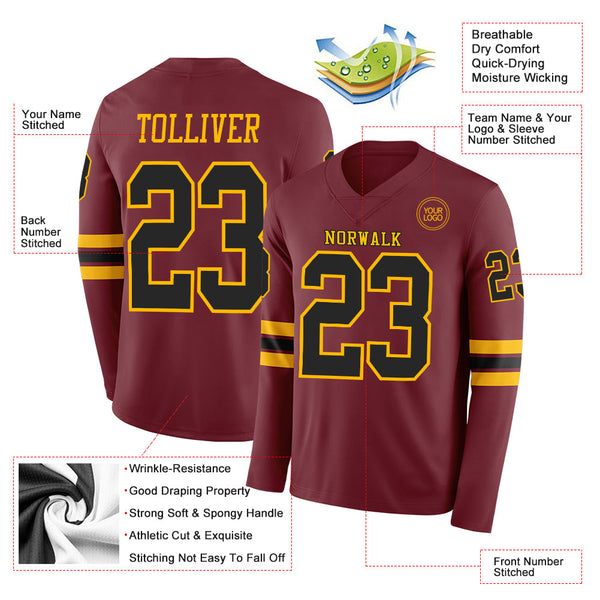Custom Burgundy Black-Gold Long Sleeve Authentic Football Jersey alternate