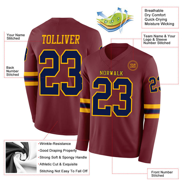 Custom Burgundy Navy-Gold Long Sleeve Authentic Football Jersey alternate