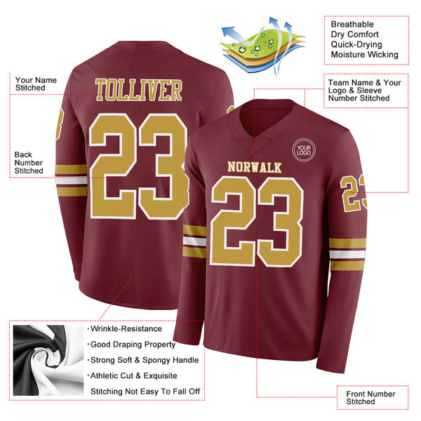 Custom Burgundy Old Gold-White Long Sleeve Authentic Football Jersey alternate