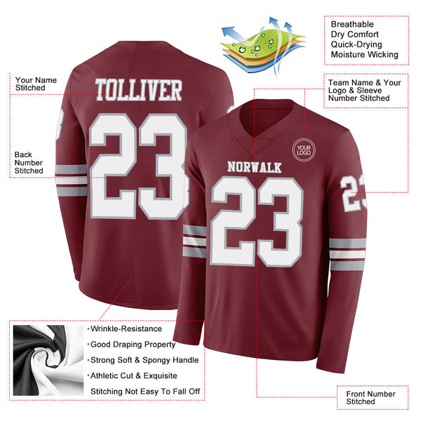 Custom Burgundy White-Gray Long Sleeve Authentic Football Jersey alternate