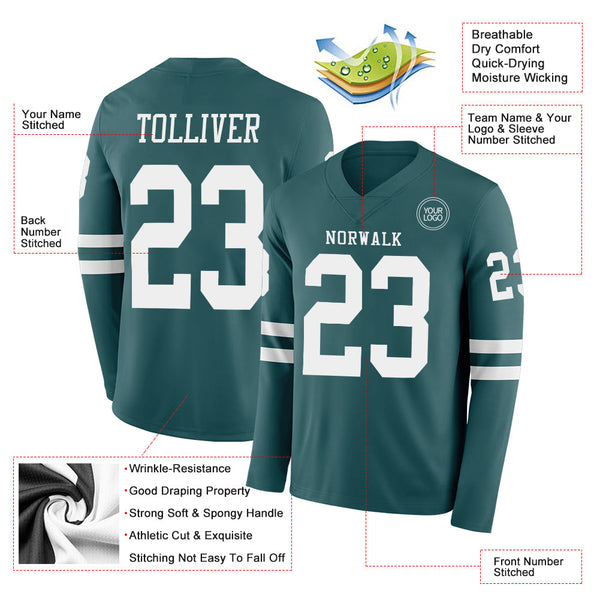 Custom Midnight Green White Long Sleeve Authentic Football Jersey alternate