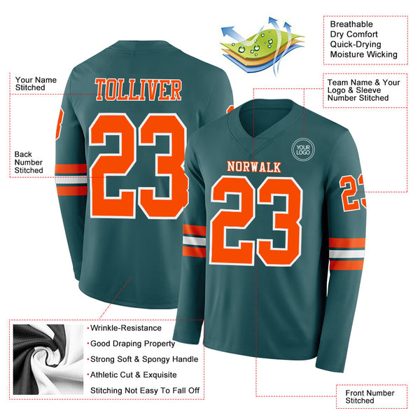 Custom Midnight Green Orange-White Long Sleeve Authentic Football Jersey alternate