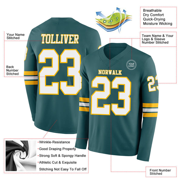 Custom Midnight Green White-Gold Long Sleeve Authentic Football Jersey alternate