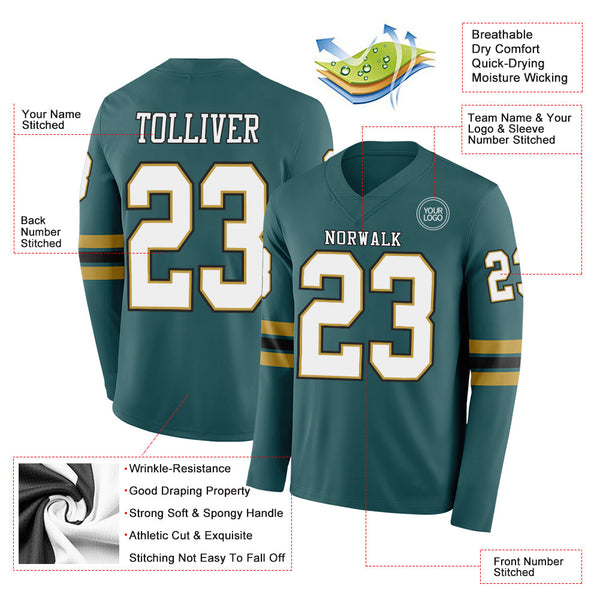 Custom Midnight Green White Old Gold-Black Long Sleeve Authentic Football Jersey alternate