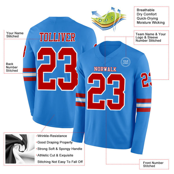 Custom Powder Blue Red-White Long Sleeve Authentic Football Jersey alternate