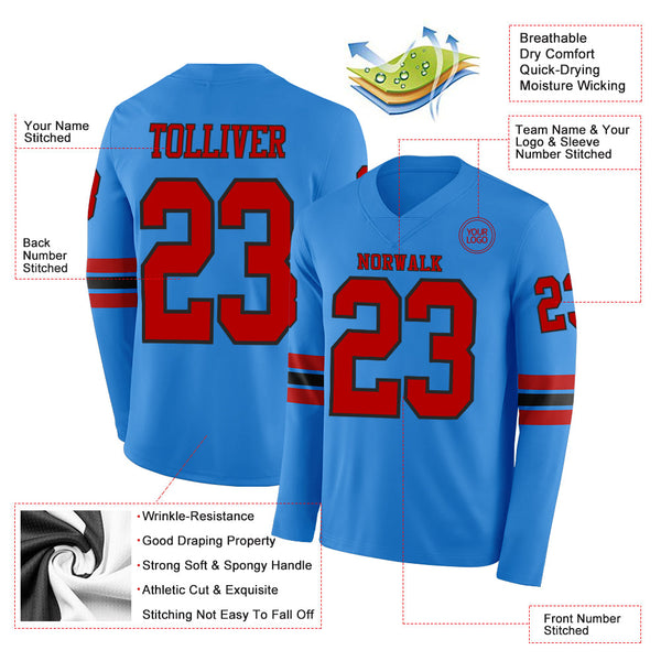 Custom Powder Blue Red-Black Long Sleeve Authentic Football Jersey alternate