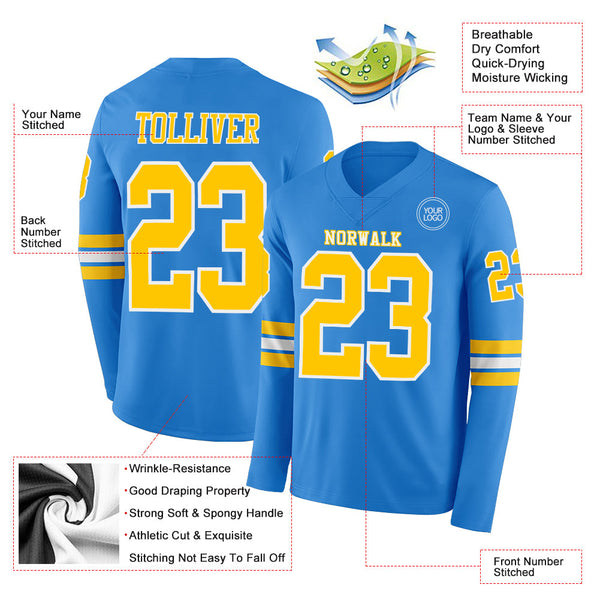 Custom Powder Blue Yellow-White Long Sleeve Authentic Football Jersey alternate