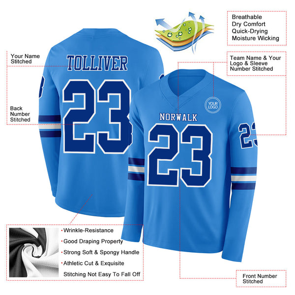 Custom Powder Blue Royal-White Long Sleeve Authentic Football Jersey alternate