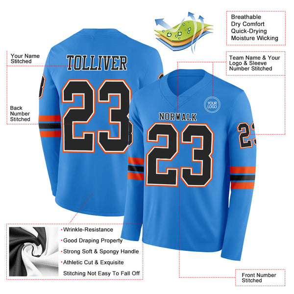 Custom Powder Blue Black White-Orange Long Sleeve Authentic Football Jersey alternate