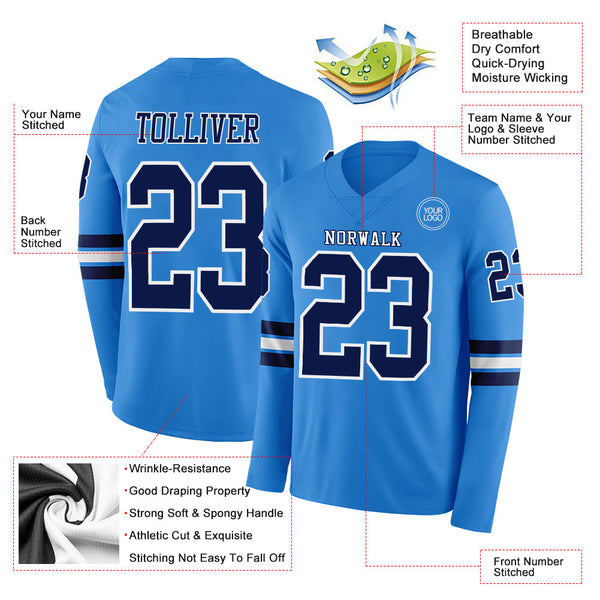 Custom Powder Blue Navy-White Long Sleeve Authentic Football Jersey alternate