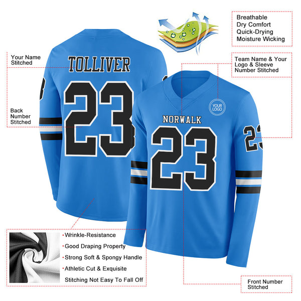 Custom Powder Blue Black-White Long Sleeve Authentic Football Jersey alternate