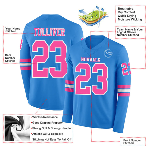 Custom Powder Blue Pink-White Long Sleeve Authentic Football Jersey alternate