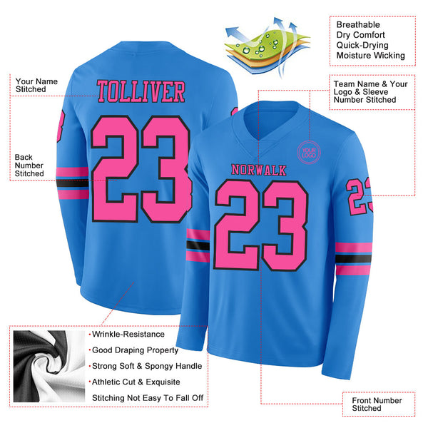 Custom Powder Blue Pink-Black Long Sleeve Authentic Football Jersey alternate