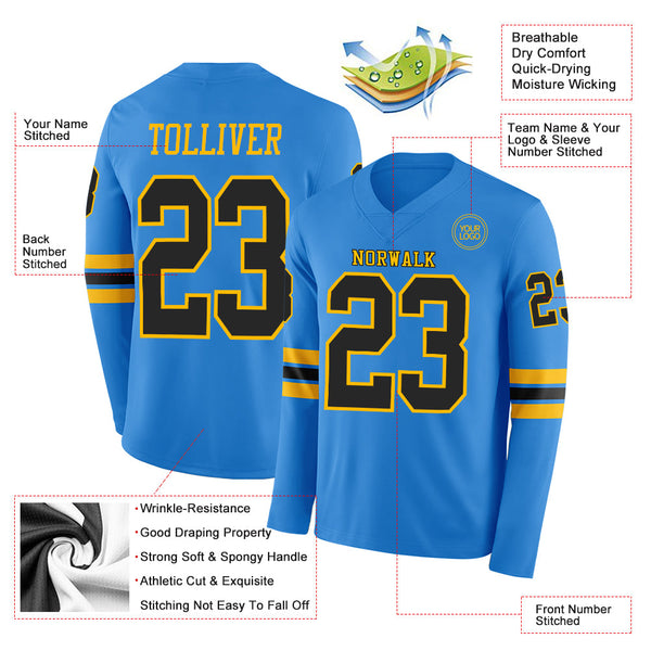 Custom Powder Blue Black-Gold Long Sleeve Authentic Football Jersey alternate
