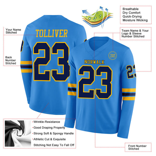 Custom Powder Blue Navy-Gold Long Sleeve Authentic Football Jersey alternate