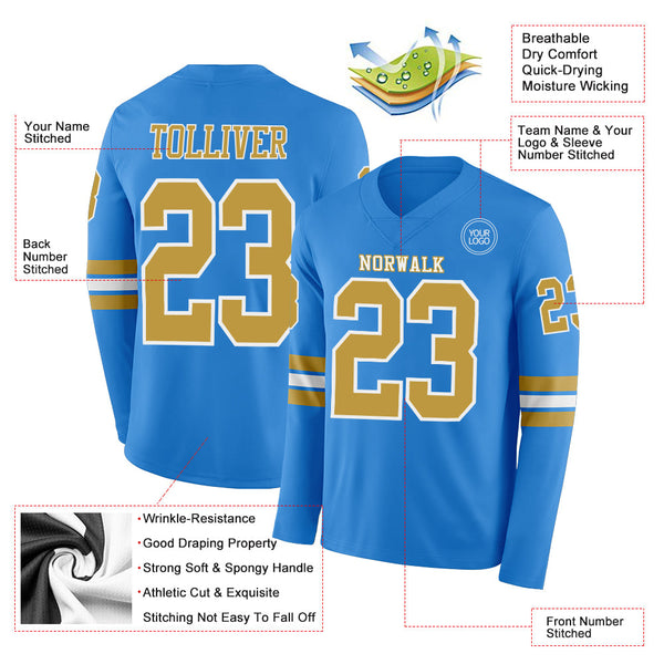 Custom Powder Blue Old Gold-White Long Sleeve Authentic Football Jersey alternate