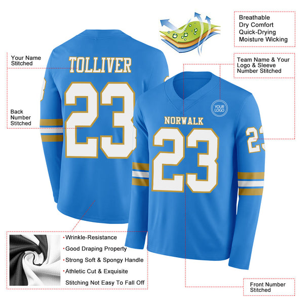Custom Powder Blue White-Old Gold Long Sleeve Authentic Football Jersey alternate