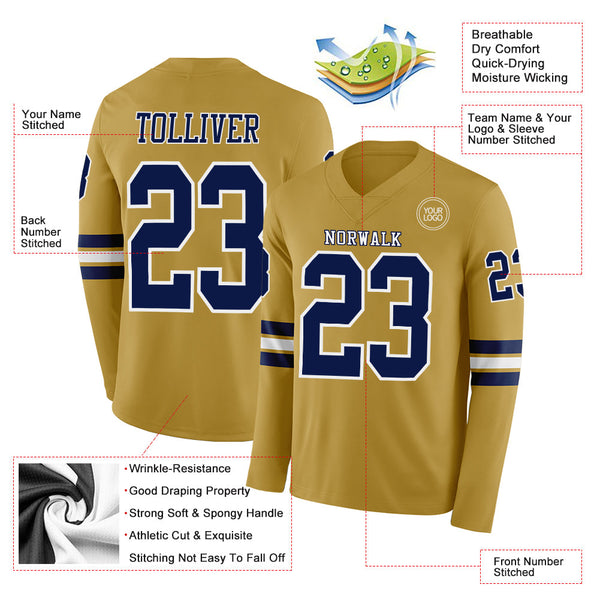 Custom Old Gold Navy-White Long Sleeve Authentic Football Jersey alternate