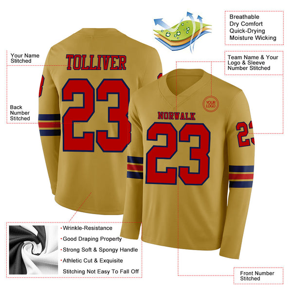 Custom Old Gold Red-Navy Long Sleeve Authentic Football Jersey alternate