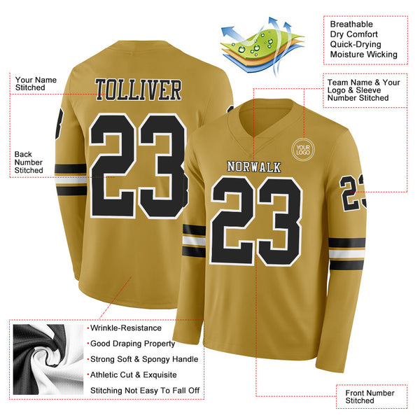 Custom Old Gold Black-White Long Sleeve Authentic Football Jersey alternate
