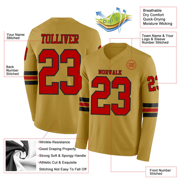 Custom Old Gold Red-Black Long Sleeve Authentic Football Jersey alternate