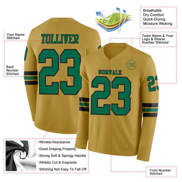 Custom Old Gold Kelly Green-Black Long Sleeve Authentic Football Jersey alternate