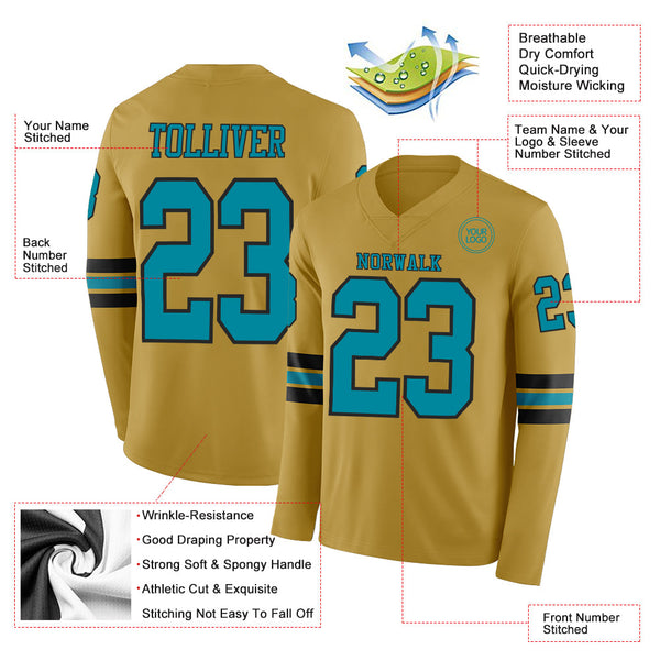 Custom Old Gold Teal-Black Long Sleeve Authentic Football Jersey alternate