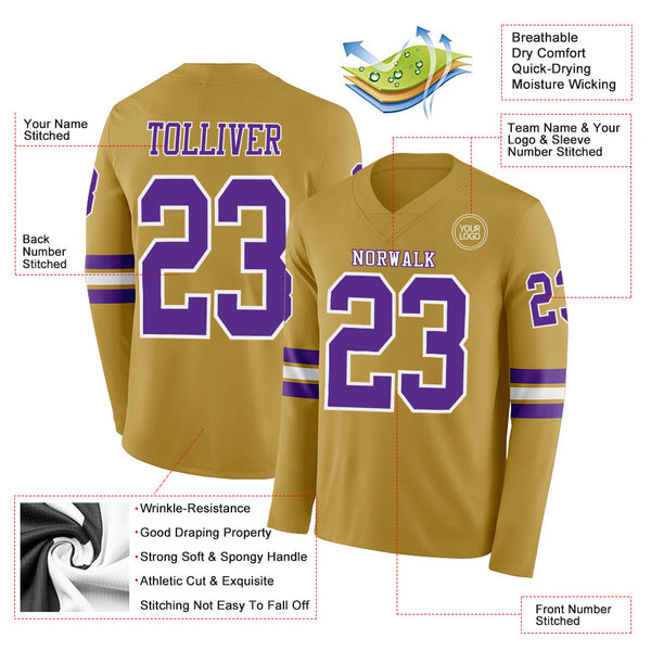 Custom Old Gold Purple-White Long Sleeve Authentic Football Jersey alternate