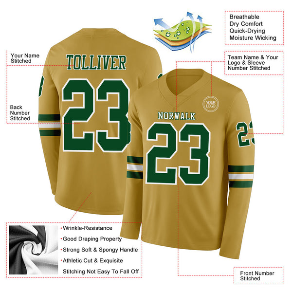Custom Old Gold Green-White Long Sleeve Authentic Football Jersey alternate