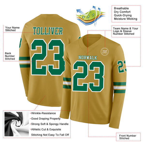 Custom Old Gold Kelly Green-White Long Sleeve Authentic Football Jersey alternate
