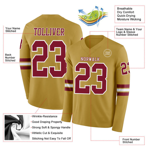 Custom Old Gold Crimson-White Long Sleeve Authentic Football Jersey alternate
