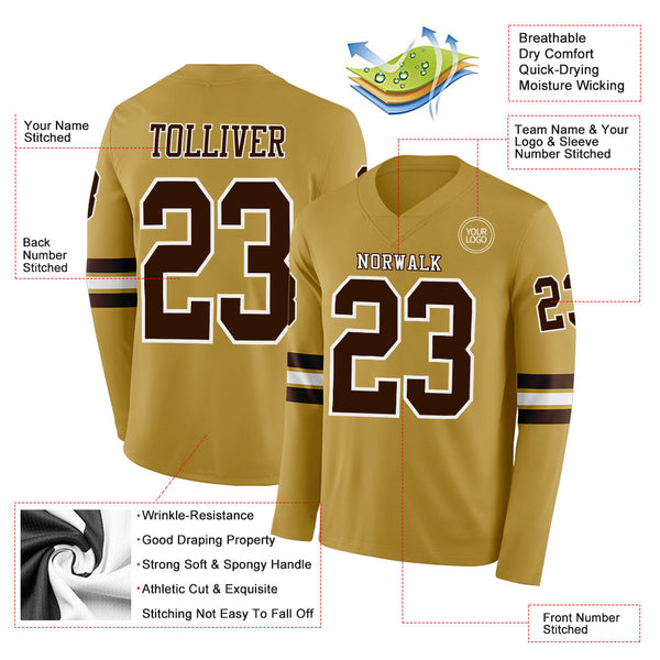 Custom Old Gold Brown-White Long Sleeve Authentic Football Jersey alternate