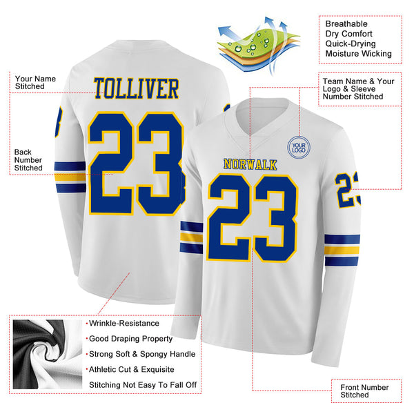 Custom White Royal-Yellow Long Sleeve Authentic Football Jersey alternate