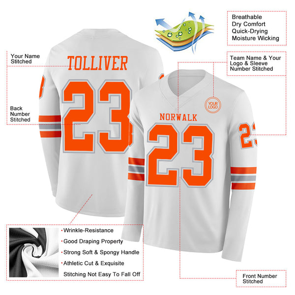 Custom White Orange-Gray Long Sleeve Authentic Football Jersey alternate