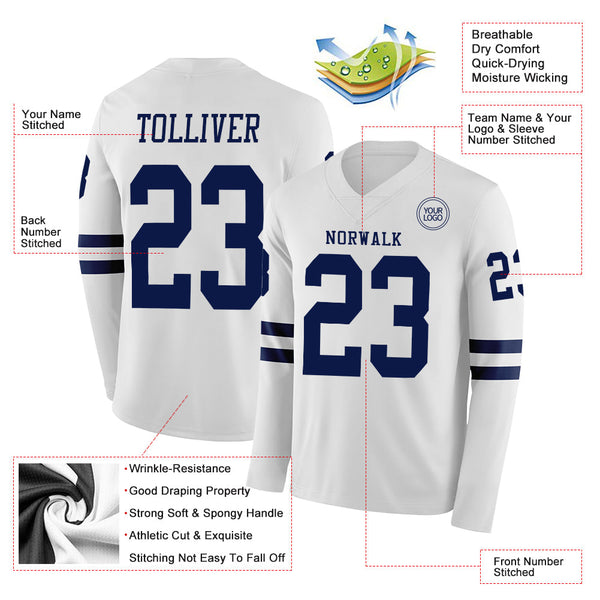 Custom White Navy Long Sleeve Authentic Football Jersey alternate