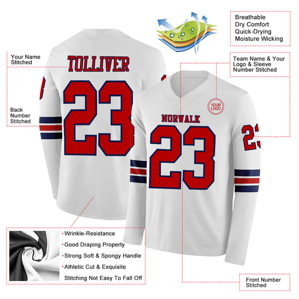 Custom White Red-Navy Long Sleeve Authentic Football Jersey alternate