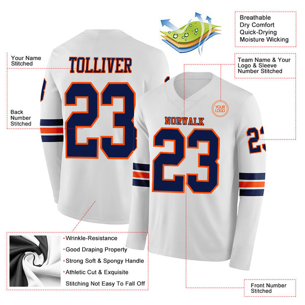 Custom White Navy-Orange Long Sleeve Authentic Football Jersey alternate