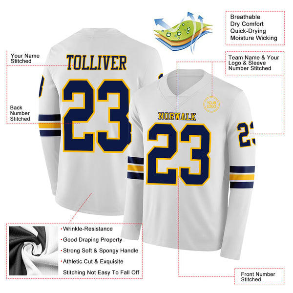 Custom White Navy-Gold Long Sleeve Authentic Football Jersey alternate