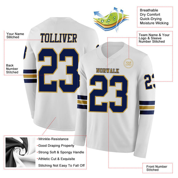 Custom White Navy-Old Gold Long Sleeve Authentic Football Jersey alternate