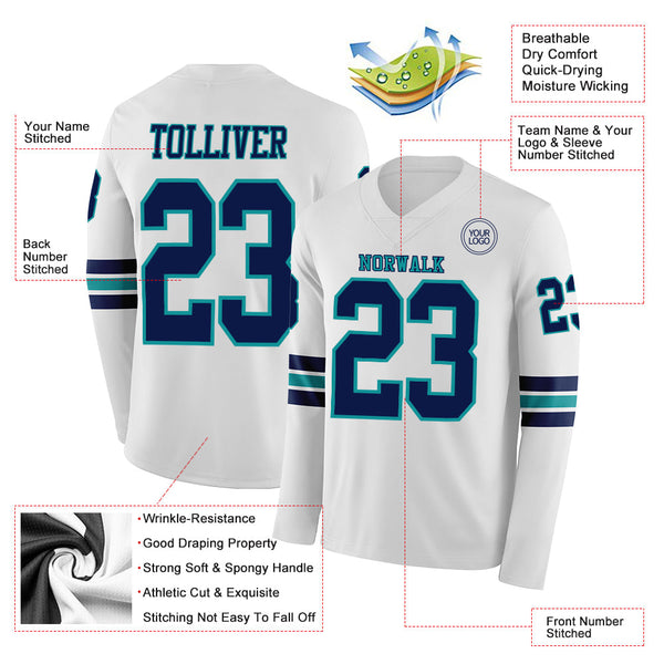 Custom White Navy-Teal Long Sleeve Authentic Football Jersey alternate
