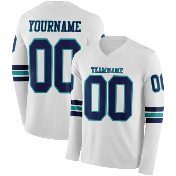 Custom White Navy-Teal Long Sleeve Authentic Football Jersey