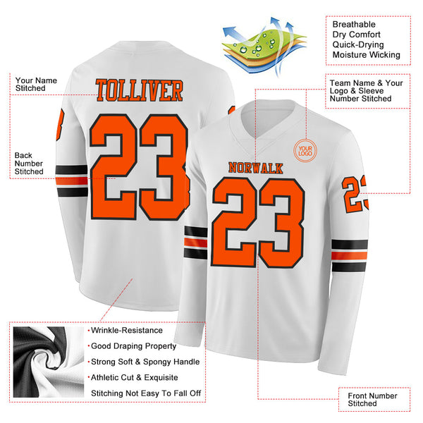 Custom White Orange-Black Long Sleeve Authentic Football Jersey alternate