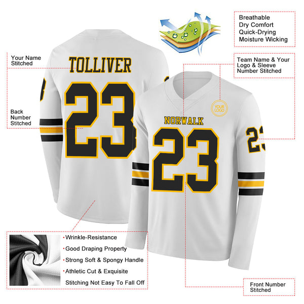 Custom White Black-Gold Long Sleeve Authentic Football Jersey alternate